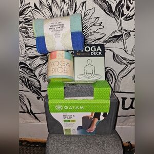 New Yoga Lot: GAIAM Yoga Essentials Set With Block, Strap, Towels, Dice, & Cards